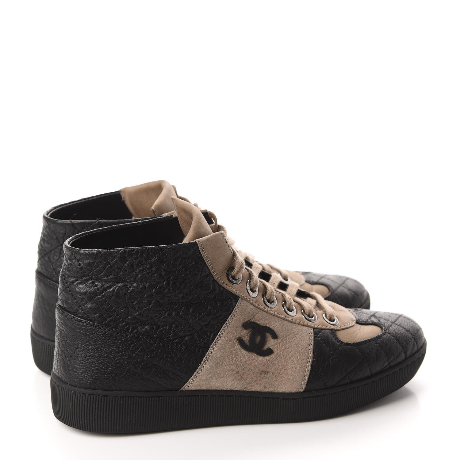 Chanel Washed Lambskin Quilted Lace Up CC Sneakers 39.5 Black Beige 4 of 10