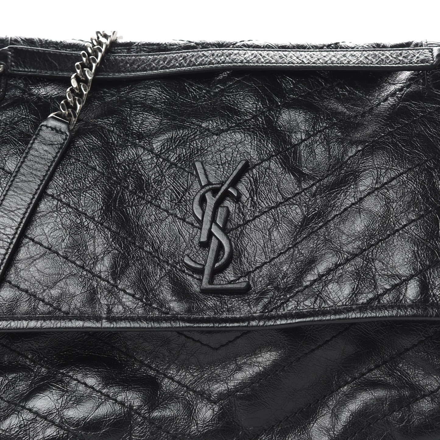 Crinkled Calfskin Matelasse Monogram Large Niki Chain Satchel Black