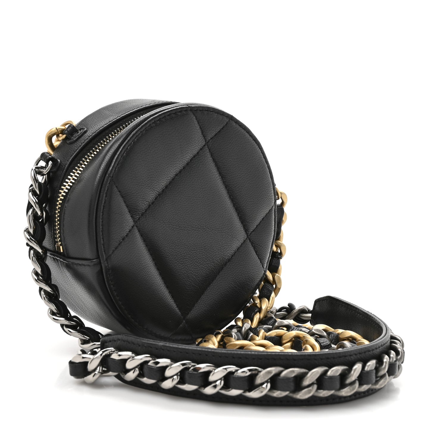 Lambskin Quilted Chanel 19 Round Clutch With Chain Black