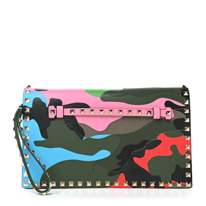 Valentino Garavani Nappa Canvas Camouflage Rockstud Wristlet Clutch Army Green Ninphea Parrot 1 of 10