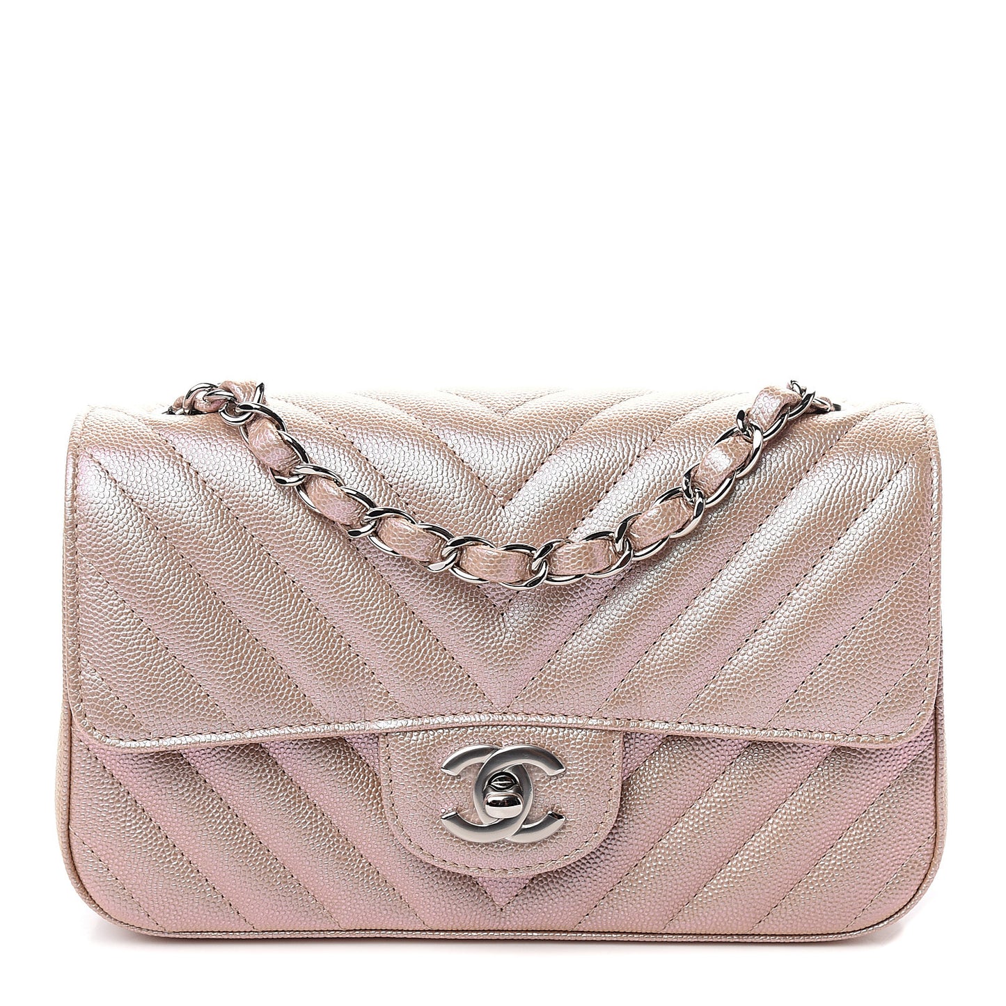 Iridescent Caviar Chevron Quilted Mini Rectangular Flap Light Gold