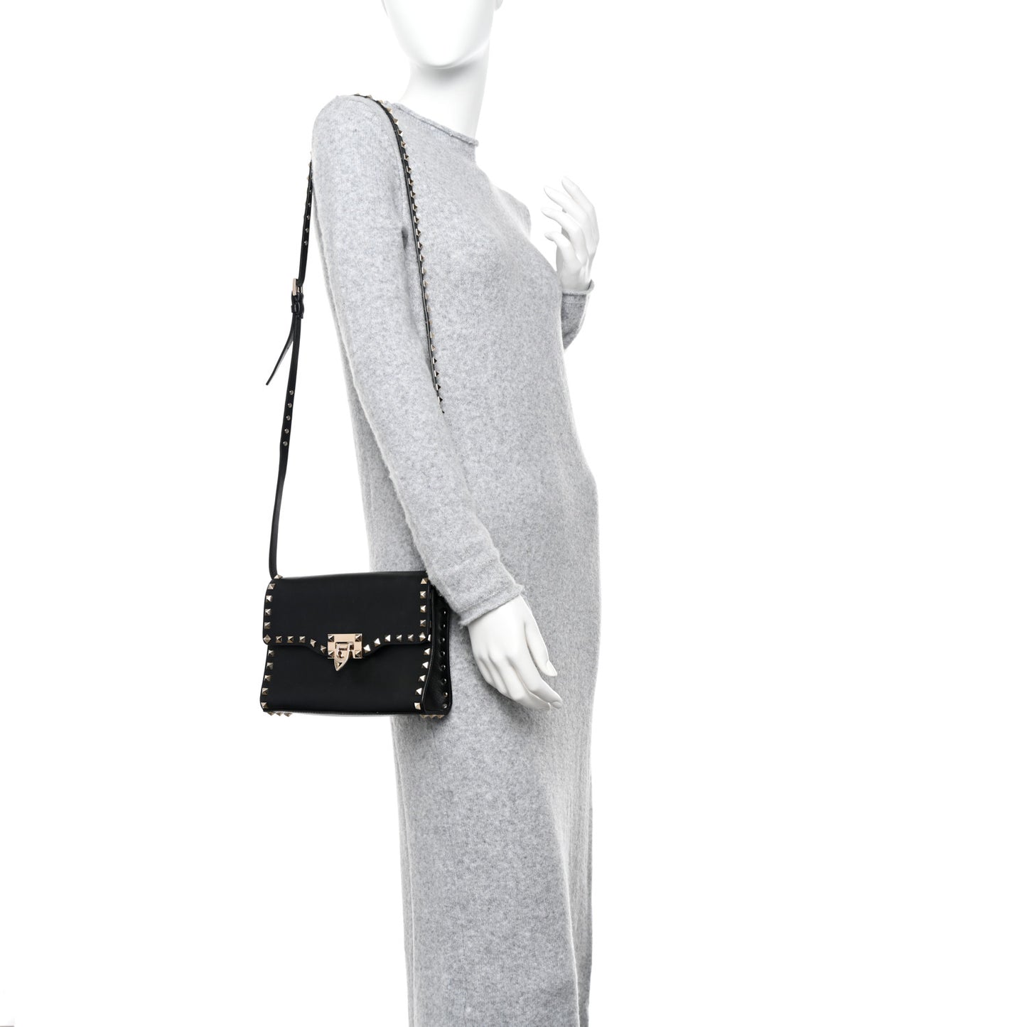 Vitello Medium Rockstud Flip Lock Crossbody Bag Black