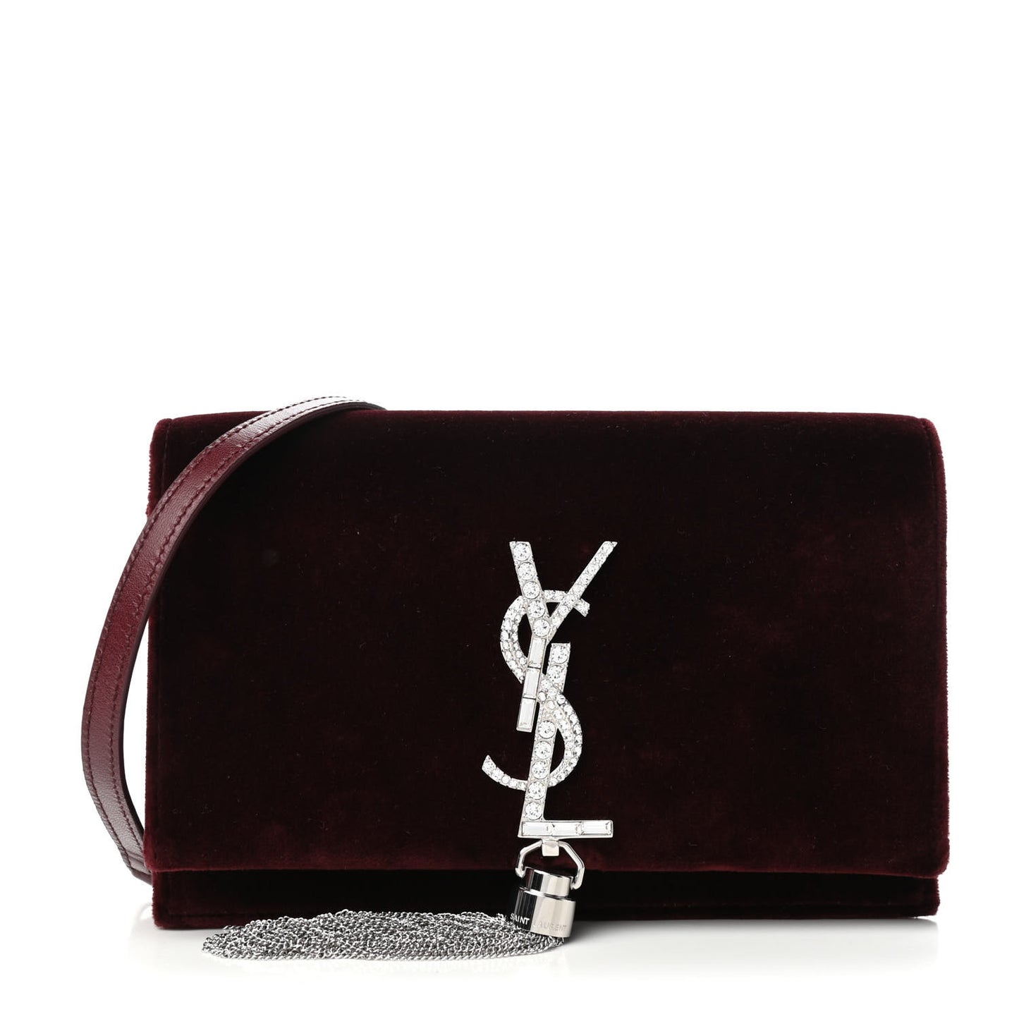 Velvet Crystal Monogram Kate Tassel Shoulder Bag Burgundy