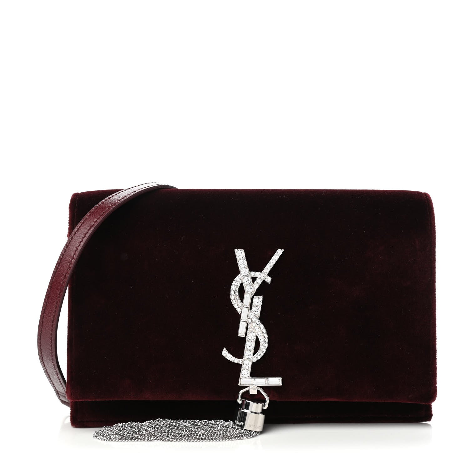 Saint Laurent Velvet Crystal Monogram Kate Tassel Shoulder Bag Burgundy 1 of 8