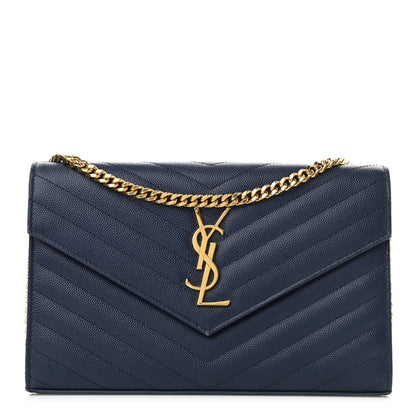 Saint Laurent Grain De Poudre Matelasse Chevron Monogram Chain Wallet Deep Marine 1 of 11