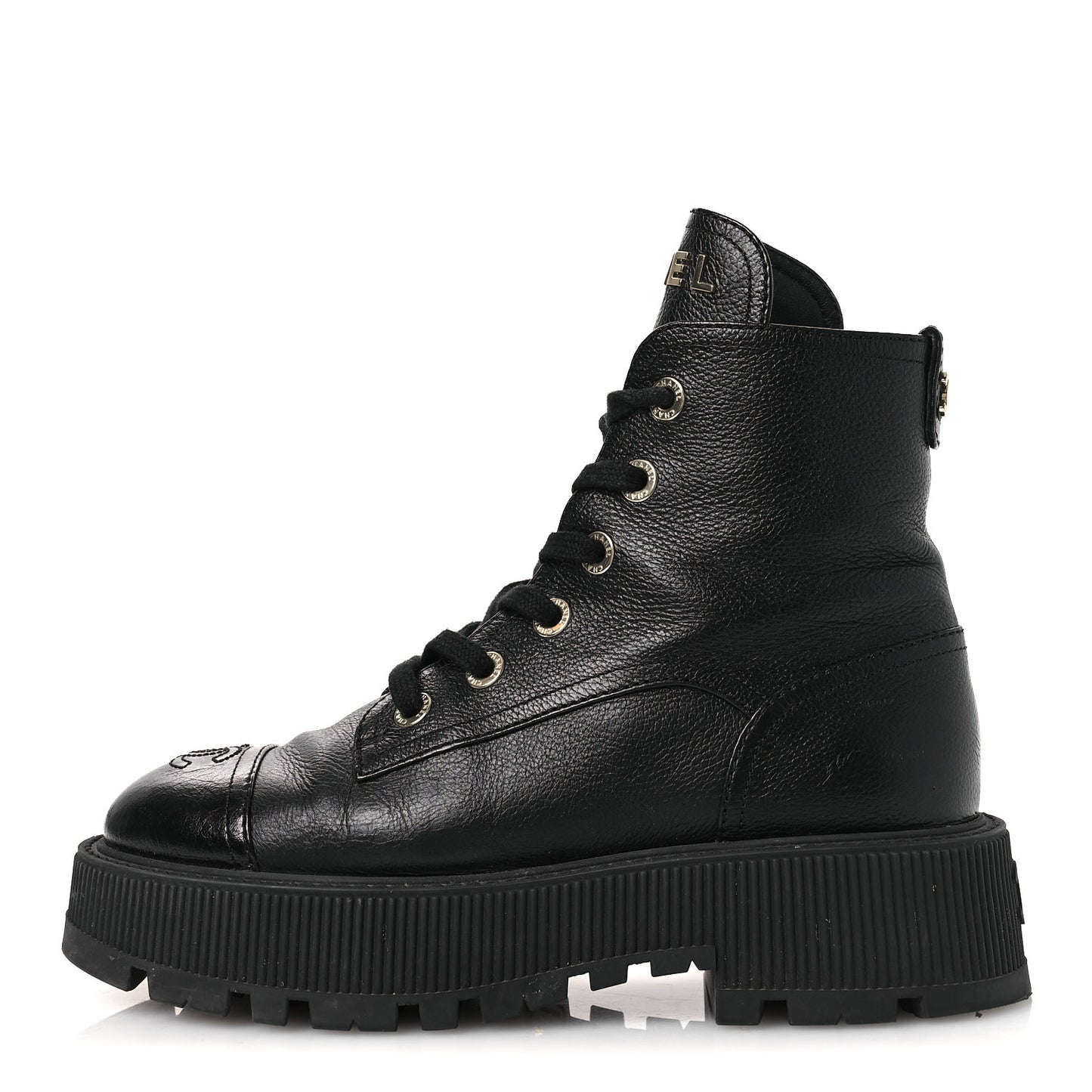 Grained Calfskin Shiny Calfskin CC Lace Up Combat Boots 37.5 Black
