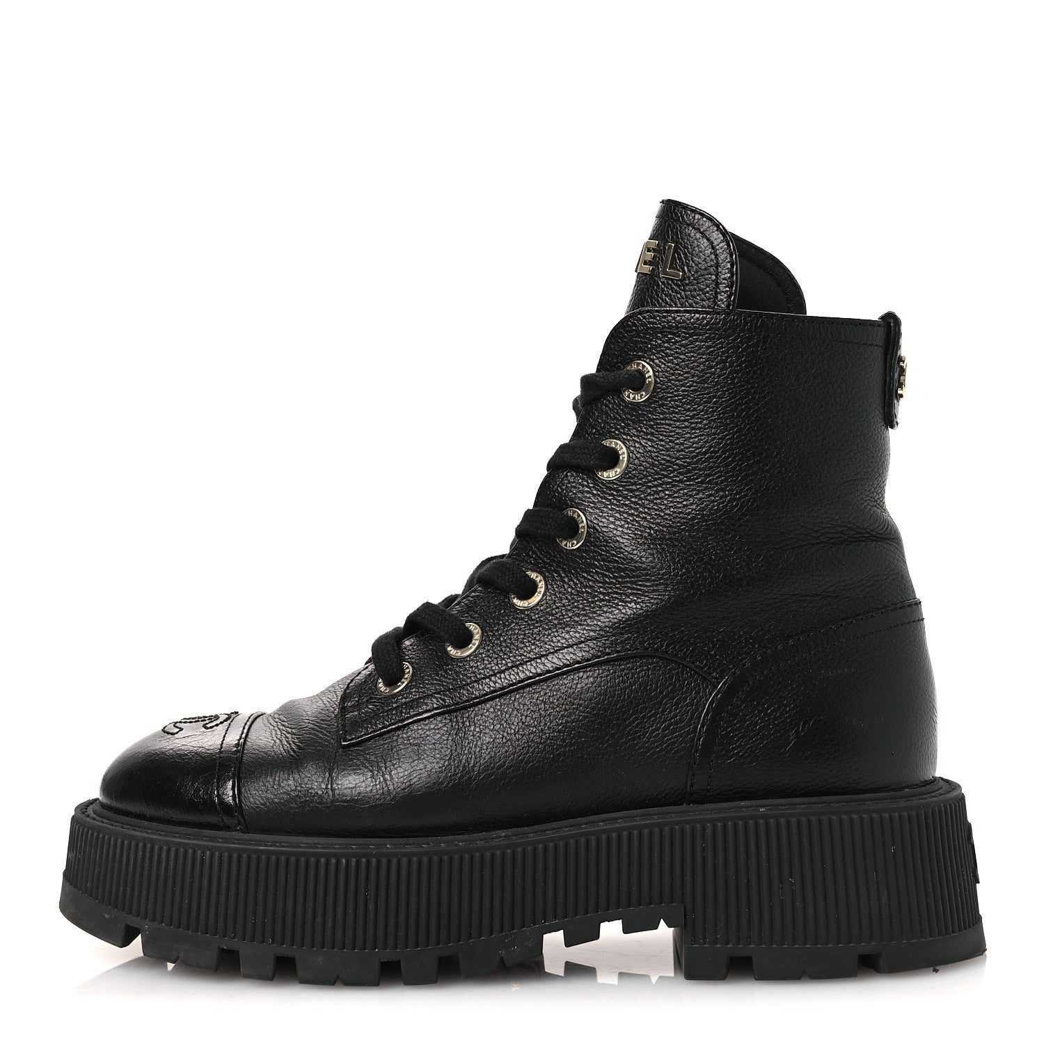 Chanel Grained Calfskin Shiny Calfskin CC Lace Up Combat Boots 37.5 Black 1 of 13