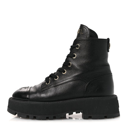 Chanel Grained Calfskin Shiny Calfskin CC Lace Up Combat Boots 37.5 Black 1 of 13