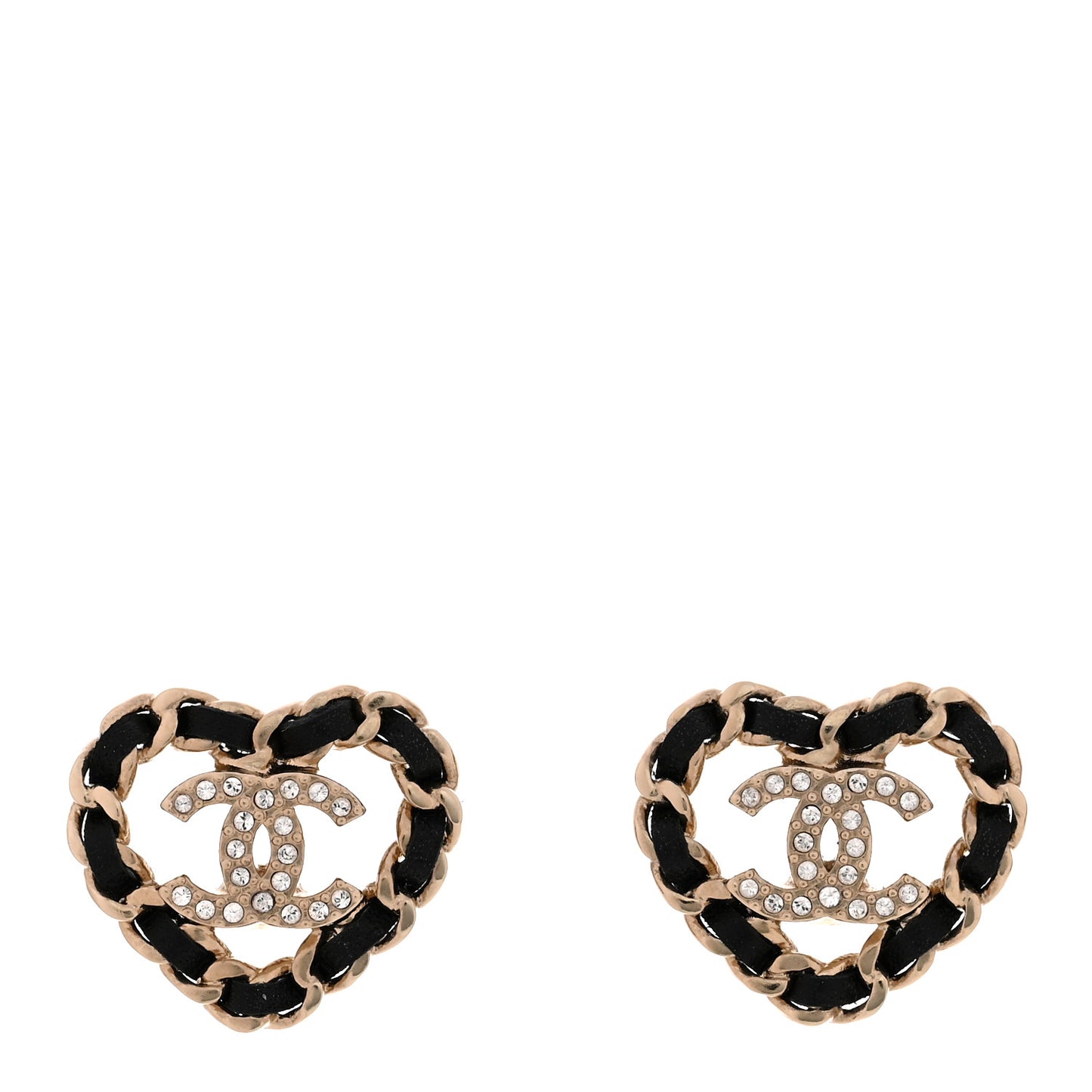 Crystal Lambskin Chain CC Heart Earrings Gold Black