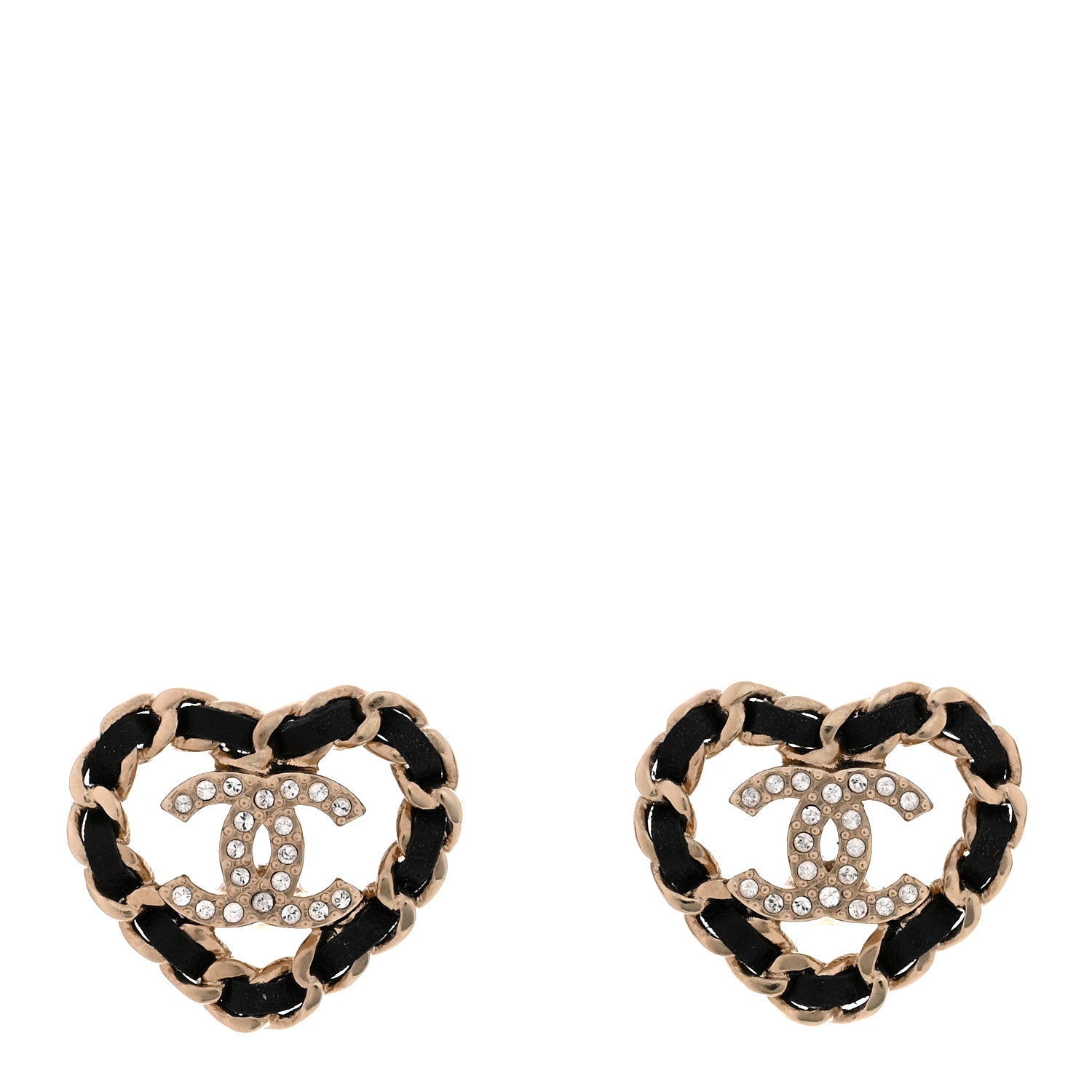 Chanel Crystal Lambskin Chain CC Heart Earrings Gold Black 1 of 5