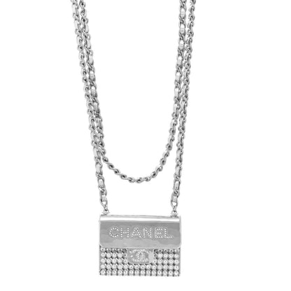 Chanel Metal Lambskin Strass Crystal Purse CC Long Necklace Silver 1 of 6
