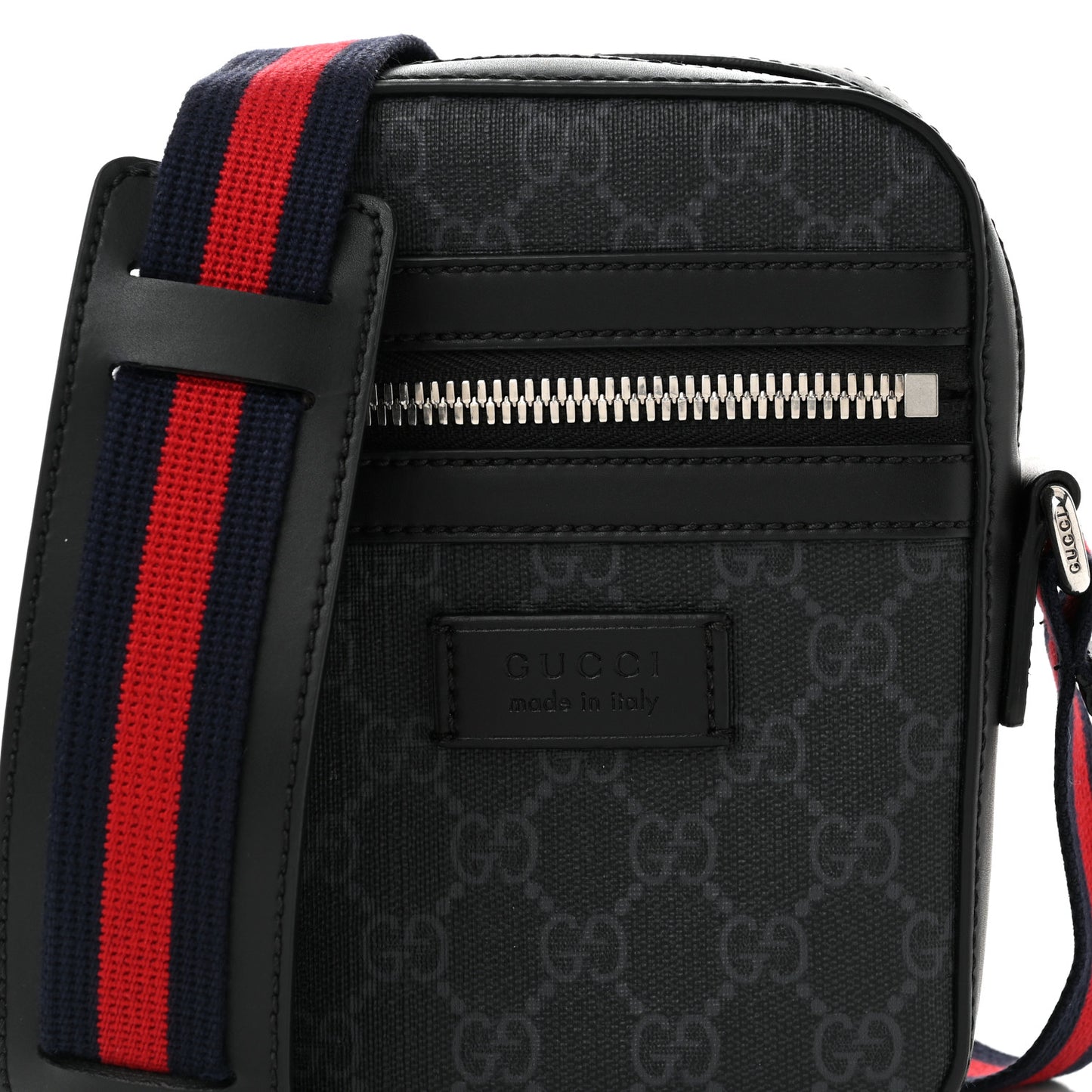 GG Supreme Monogram Appia Calfskin Web Small Camera Messenger Bag Black Grey