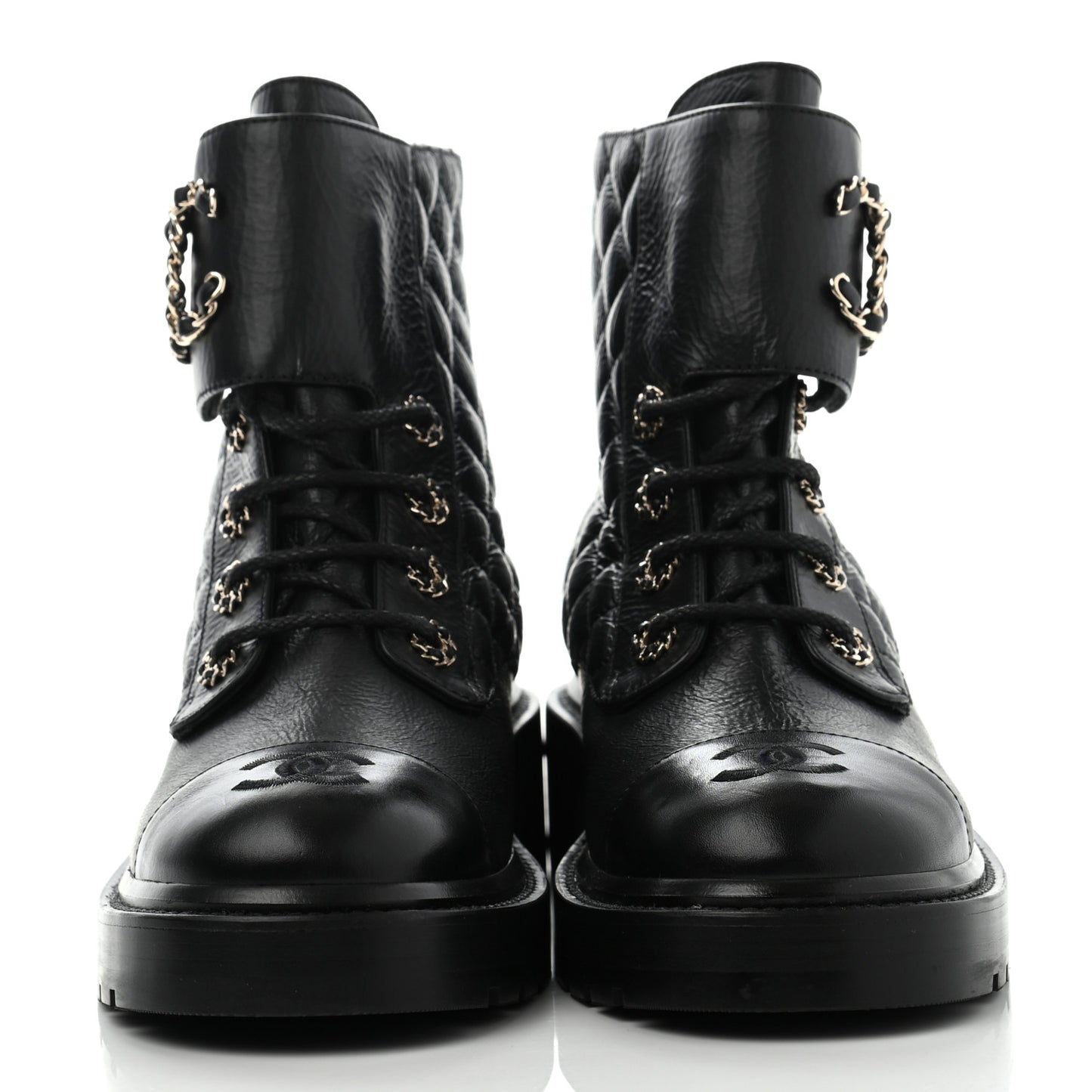 Shiny Goatskin Calfskin Quilted Lace Up Combat Boots 38.5 Black