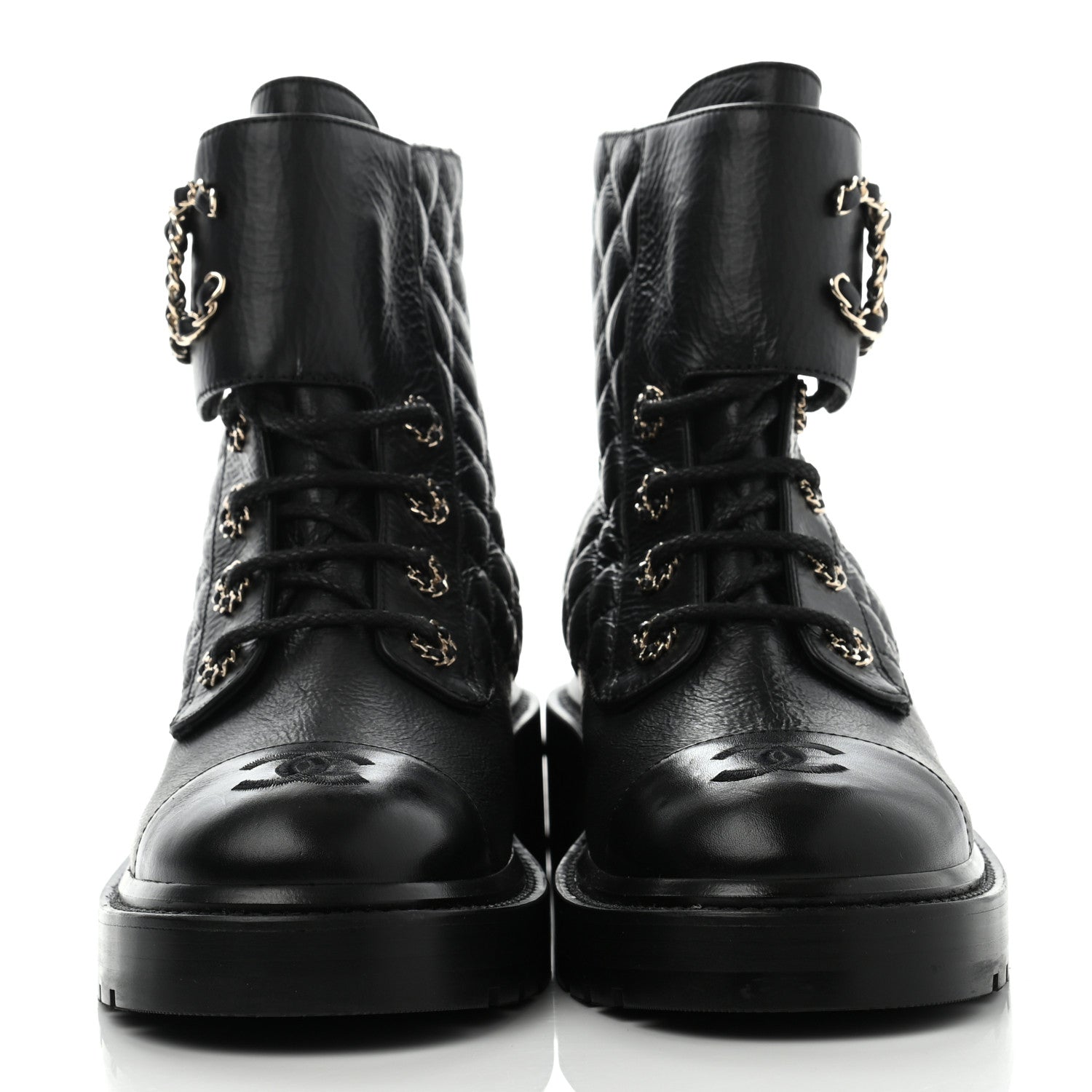 Chanel Shiny Goatskin Calfskin Quilted Lace Up Combat Boots 38.5 Black 2 of 14