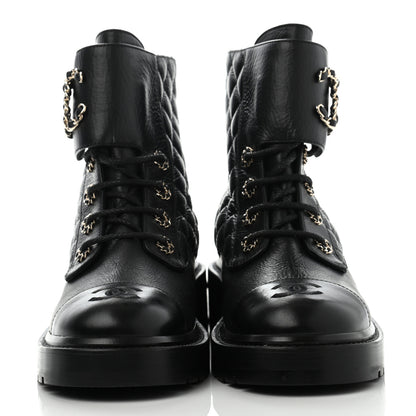 Chanel Shiny Goatskin Calfskin Quilted Lace Up Combat Boots 38.5 Black 2 of 14
