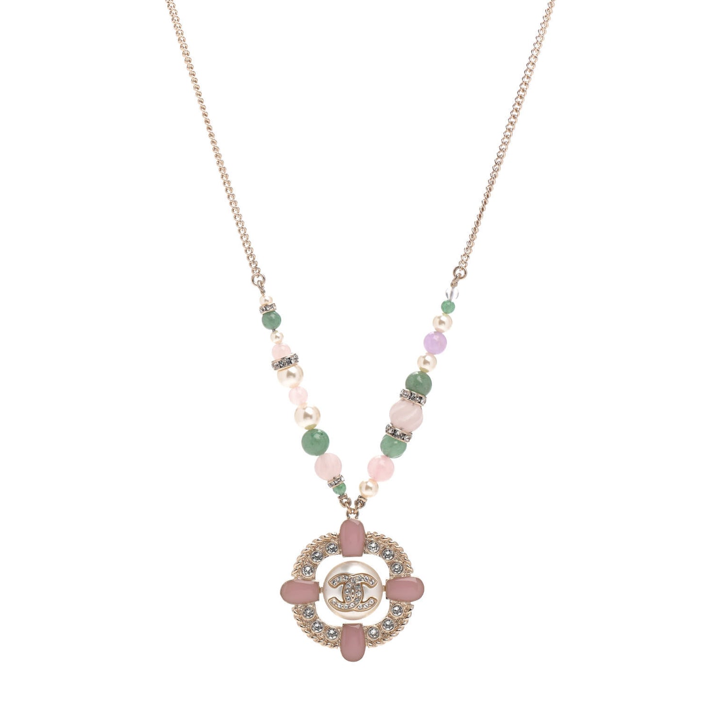 Crystal Pearl Gripoix Poured Glass Necklace Gold Green White Pink