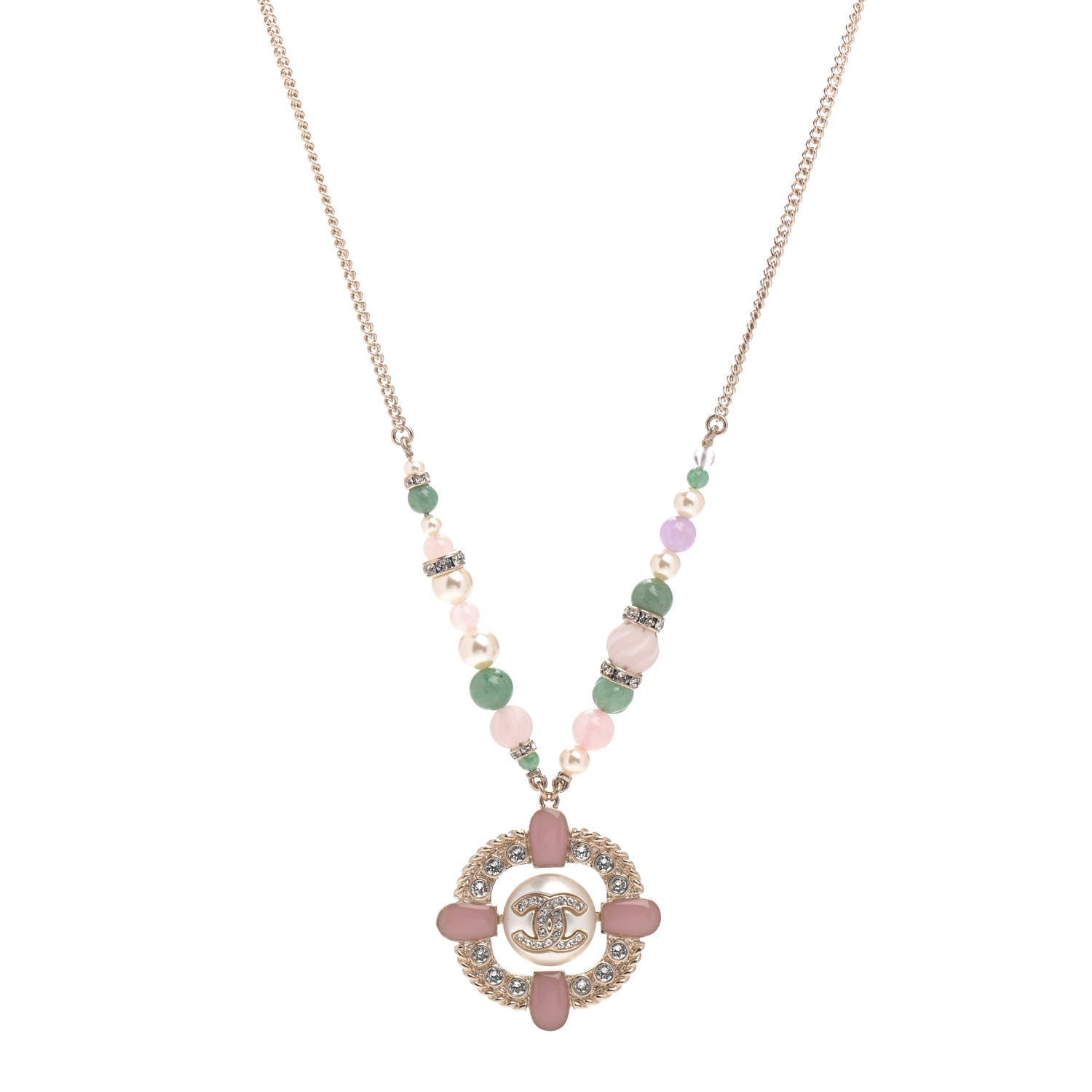 Chanel Crystal Pearl Gripoix Poured Glass Necklace Gold Green White Pink 1 of 4
