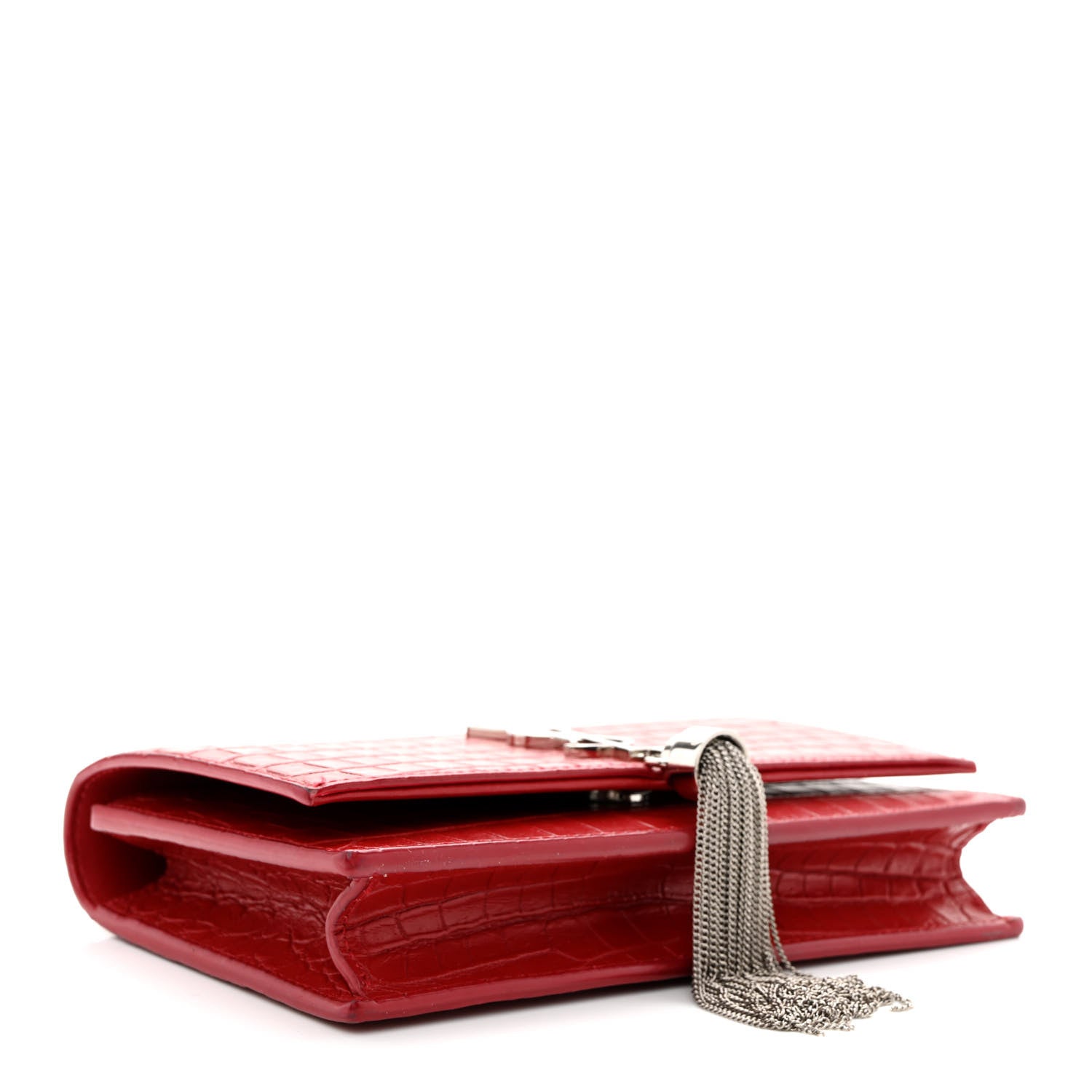 Saint Laurent Calfskin Crocodile Embossed Kate Monogram Tassel Chain Wallet Rouge Eros 4 of 14