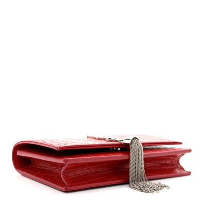 Saint Laurent Calfskin Crocodile Embossed Kate Monogram Tassel Chain Wallet Rouge Eros 4 of 14