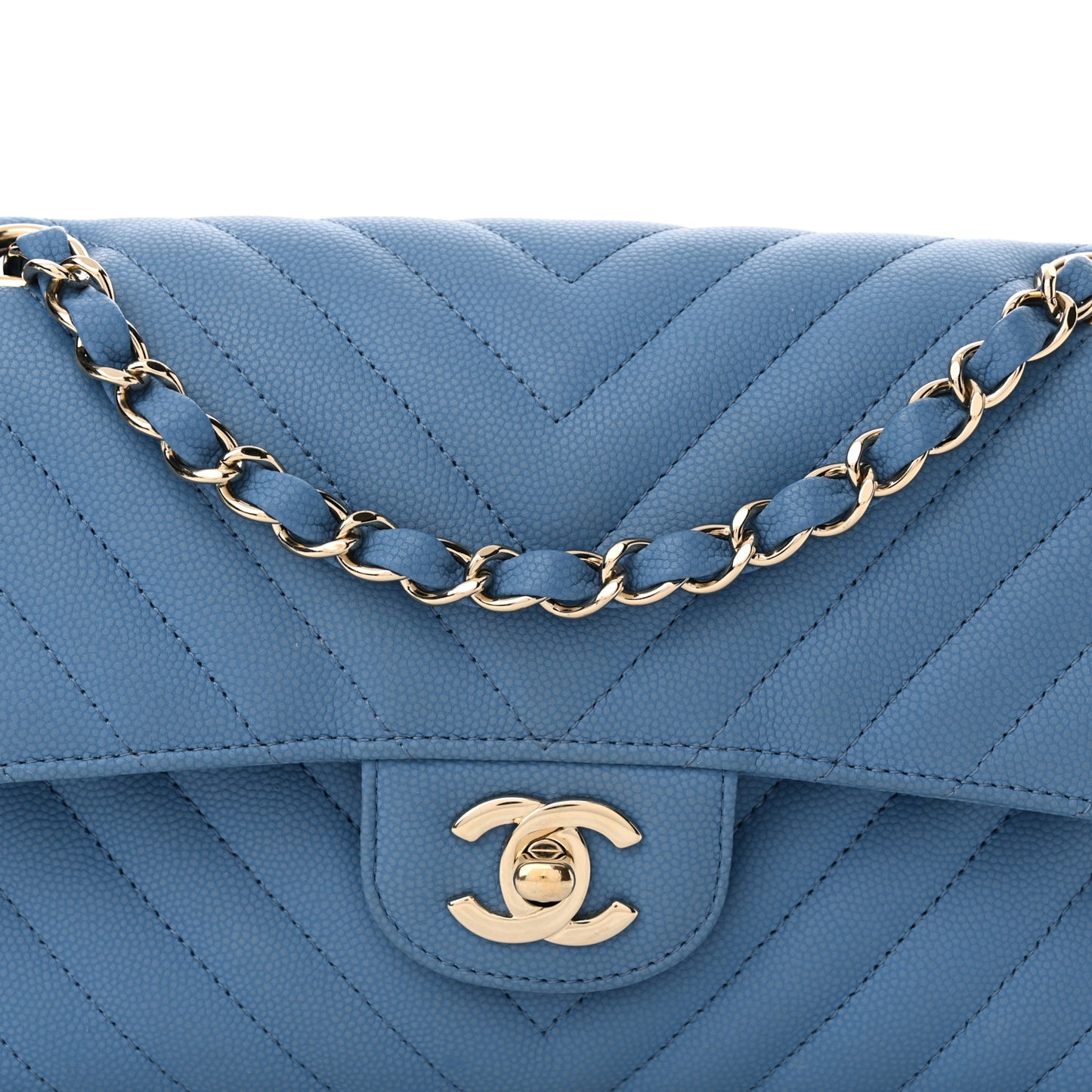 Caviar Flat Chevron Quilted Small Double Flap Blue