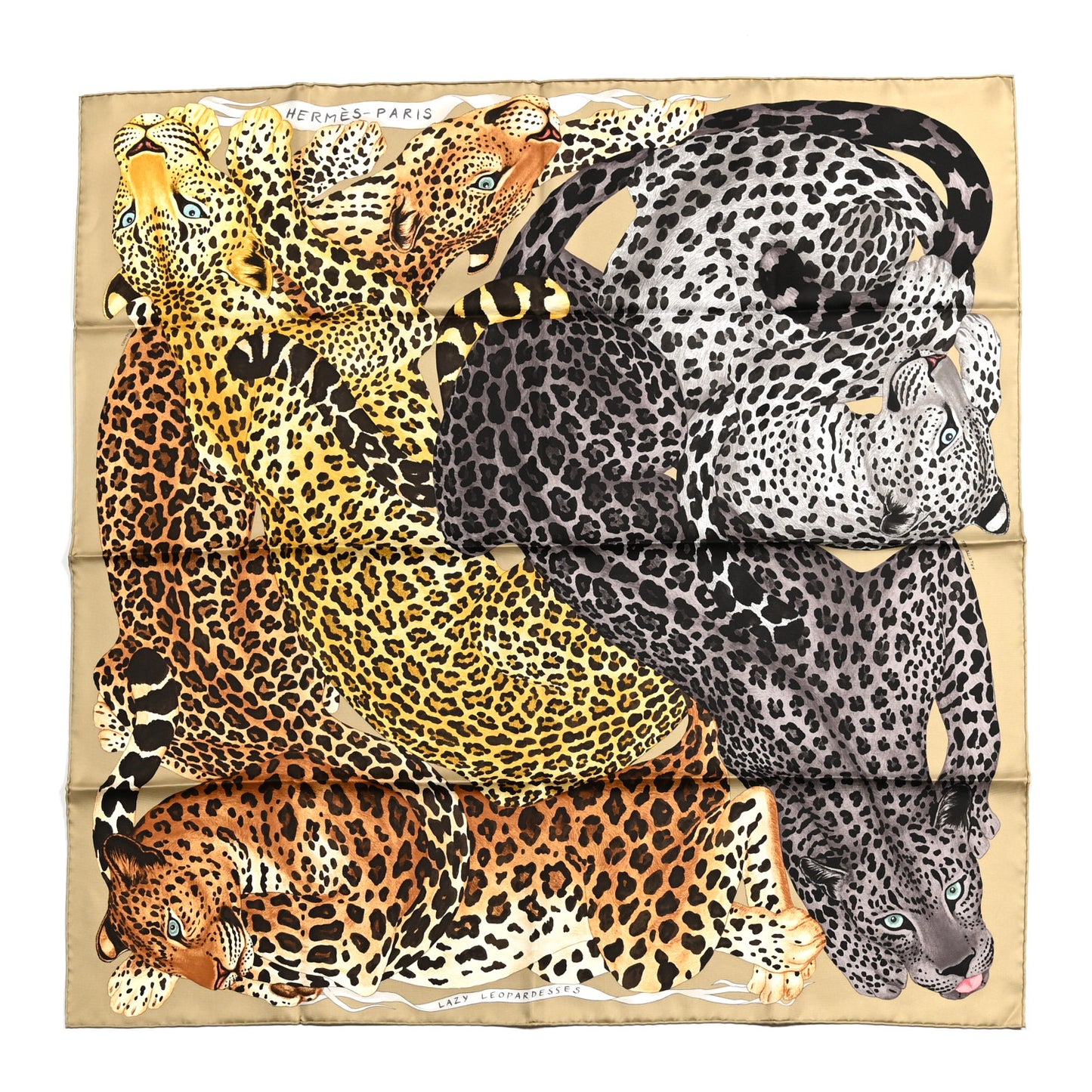 Silk Twill Lazy Leopardesses Scarf 90 Camel Anthracite