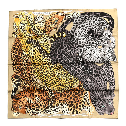 Hermes Silk Twill Lazy Leopardesses Scarf 90 Camel Anthracite 1 of 6