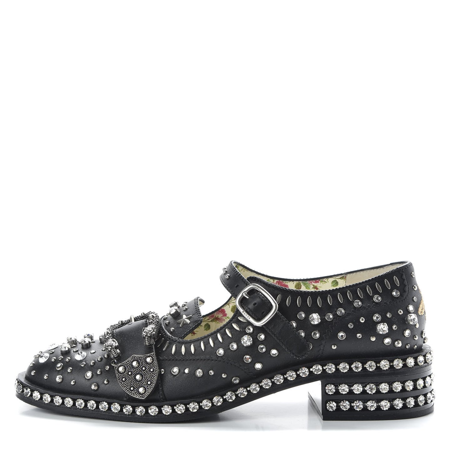 Calfskin Crystal Studded Womens Queercore Brogue Monk Strap Loafers 40 Black