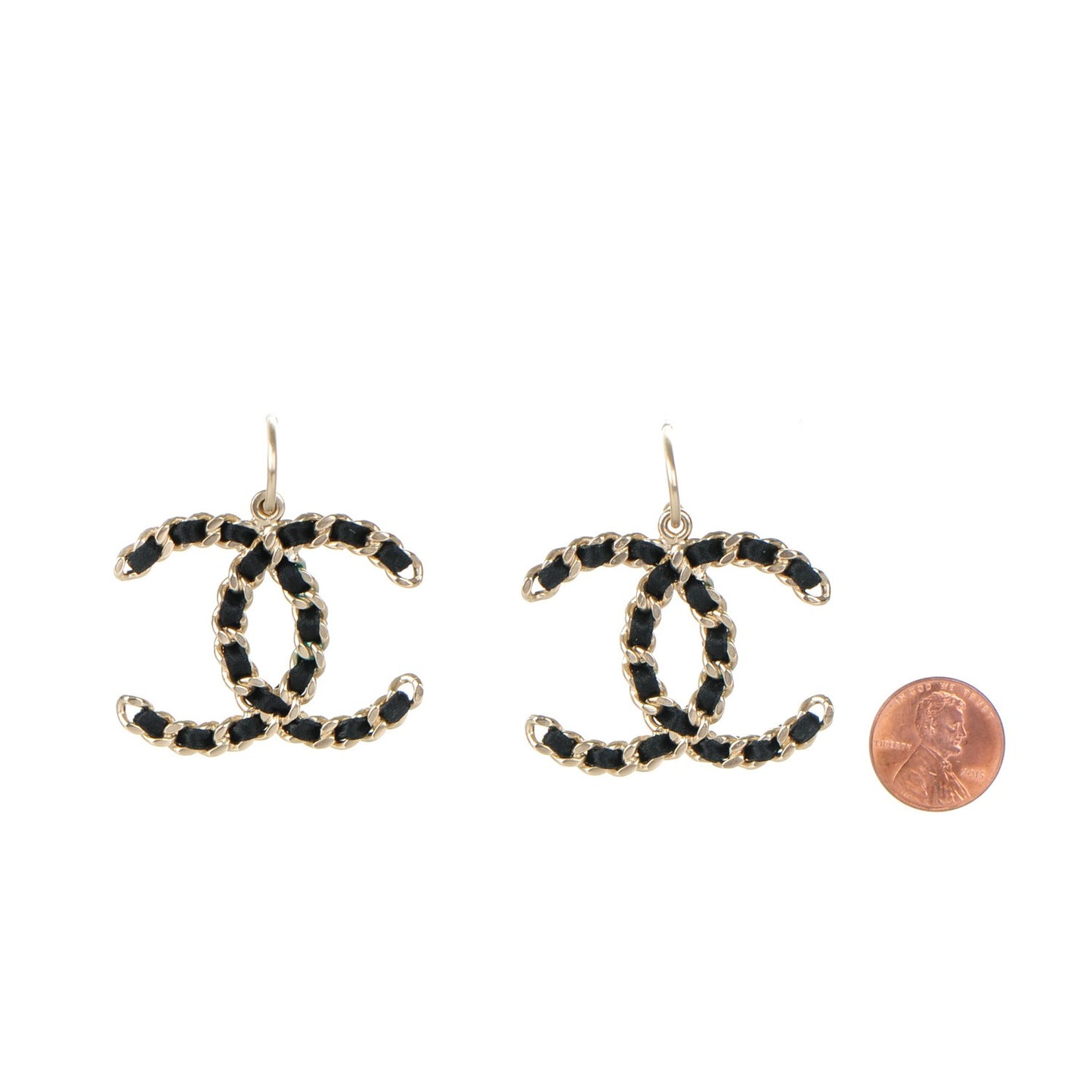 Satin CC Chain Earrings Light Gold Black