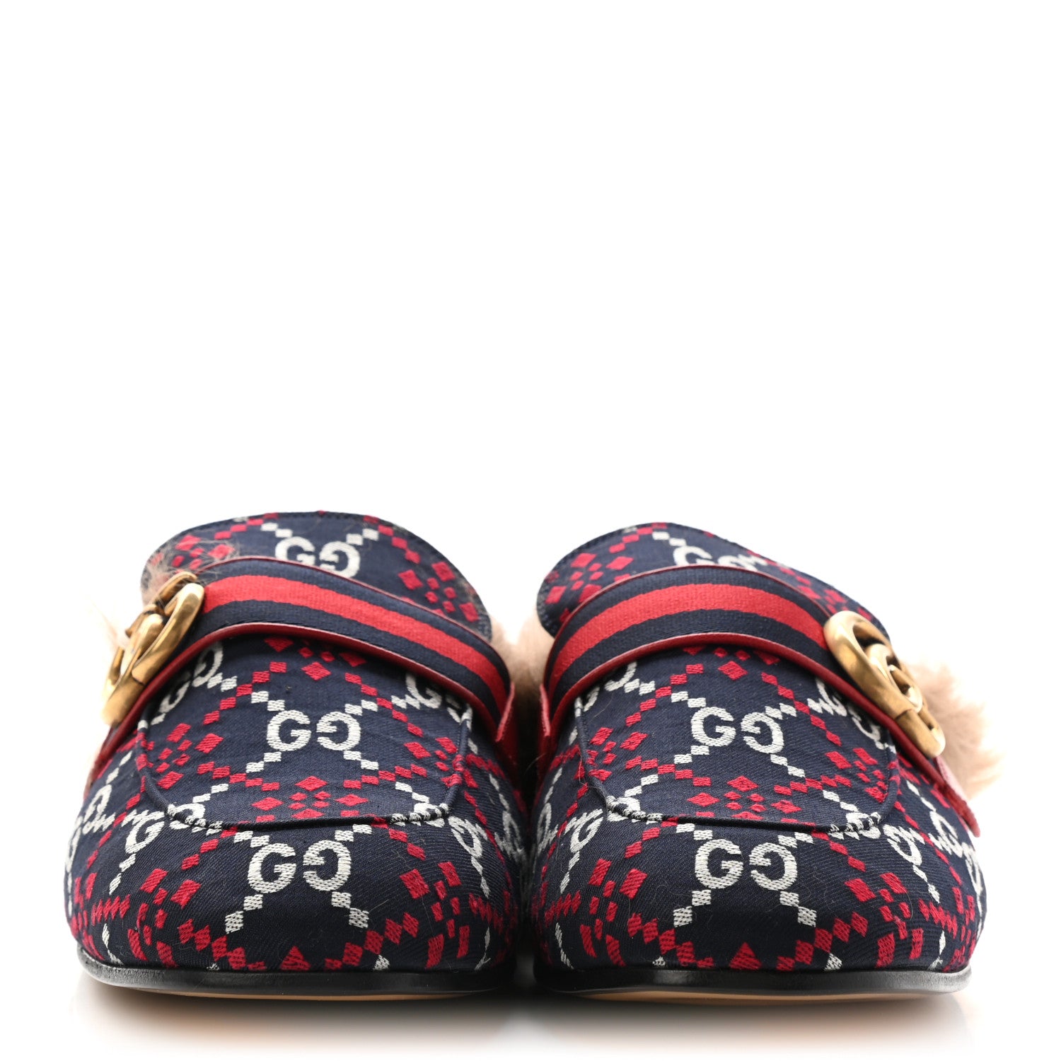 Gucci Canvas GG Monogram Diamond Fur Web GG Mens Princetown Slippers 9 Midnight Blue Hibiscus Red 2 of 8