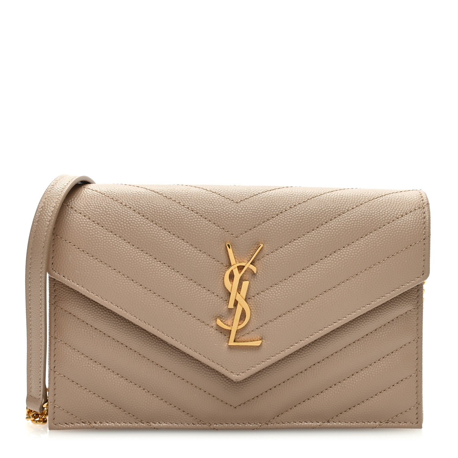 Saint Laurent Grain De Poudre Matelasse Chevron Monogram Envelope Chain Wallet Dark Beige 1 of 9