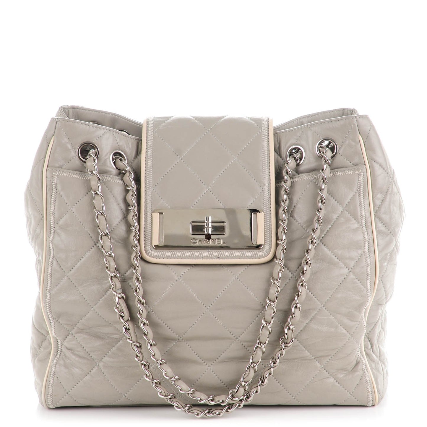 Glazed Lambskin Quilted North South Large Tote Grey