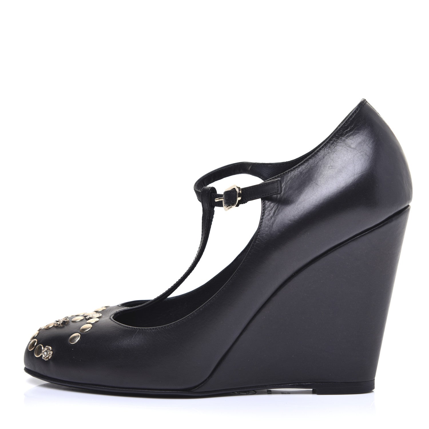 Chanel Lambskin Studded CC T-Strap Wedges 38 Black 1 of 12