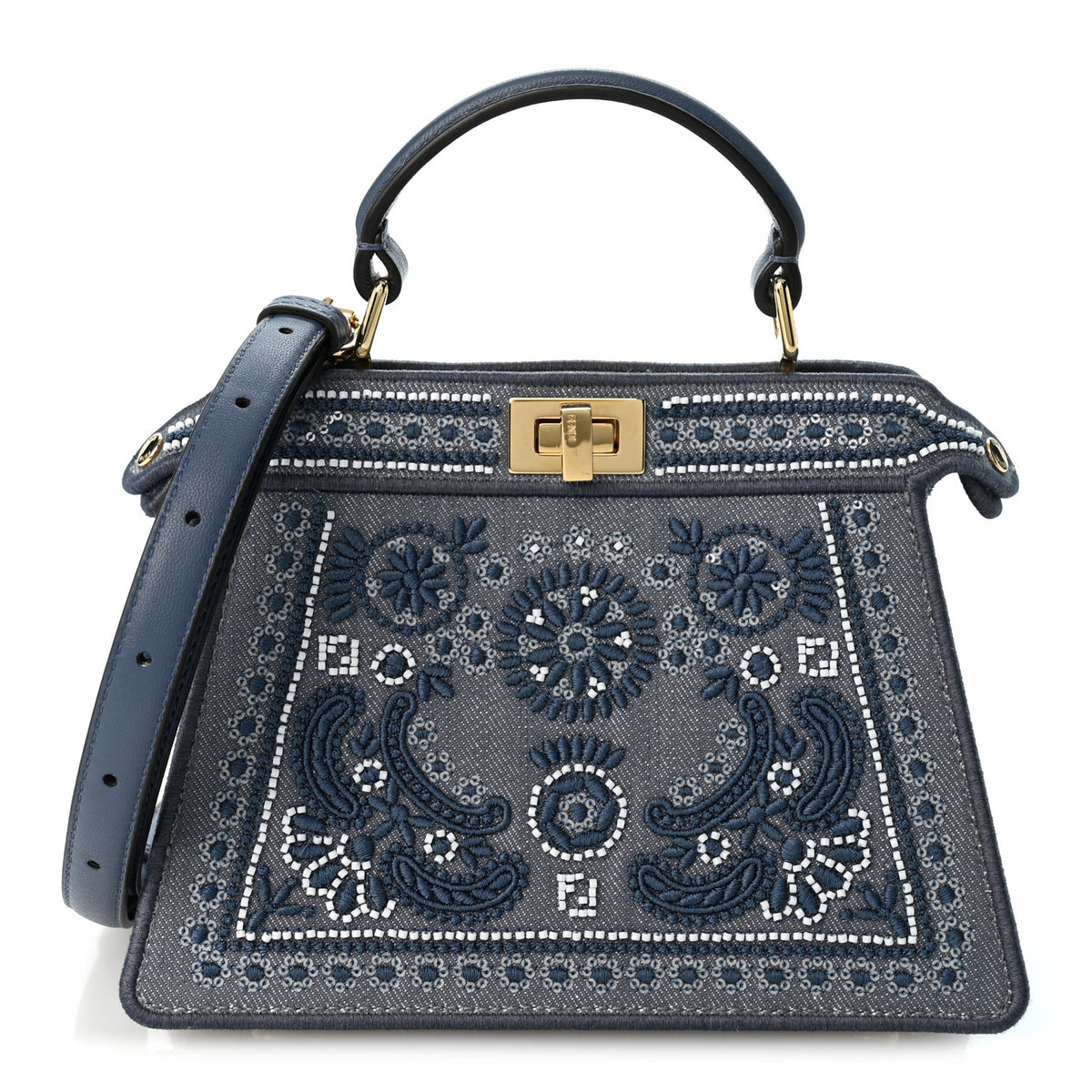 Fendi Denim Emroidered Coral Bandana Petite Peekaboo I SEE U Satchel Mirto 1 of 10