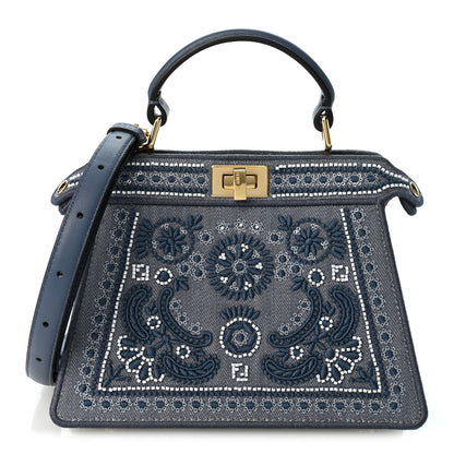 Fendi Denim Emroidered Coral Bandana Petite Peekaboo I SEE U Satchel Mirto 1 of 10