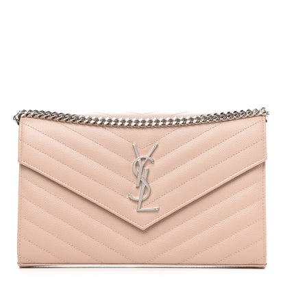 Saint Laurent Grain De Poudre Matelasse Chevron Monogram Chain Wallet Pale Pink 1 of 11