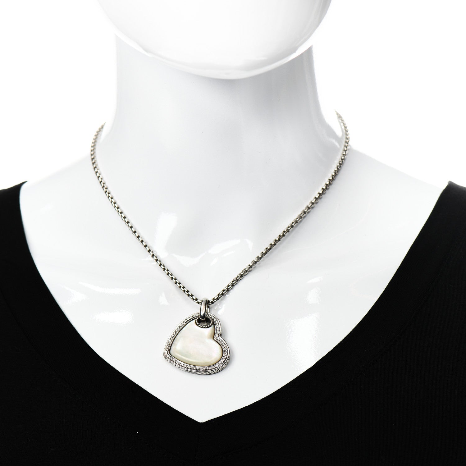 David Yurman Sterling Silver 14K Yellow Gold Diamond Mother of Pearl Heart Pendant Necklace 2 of 5