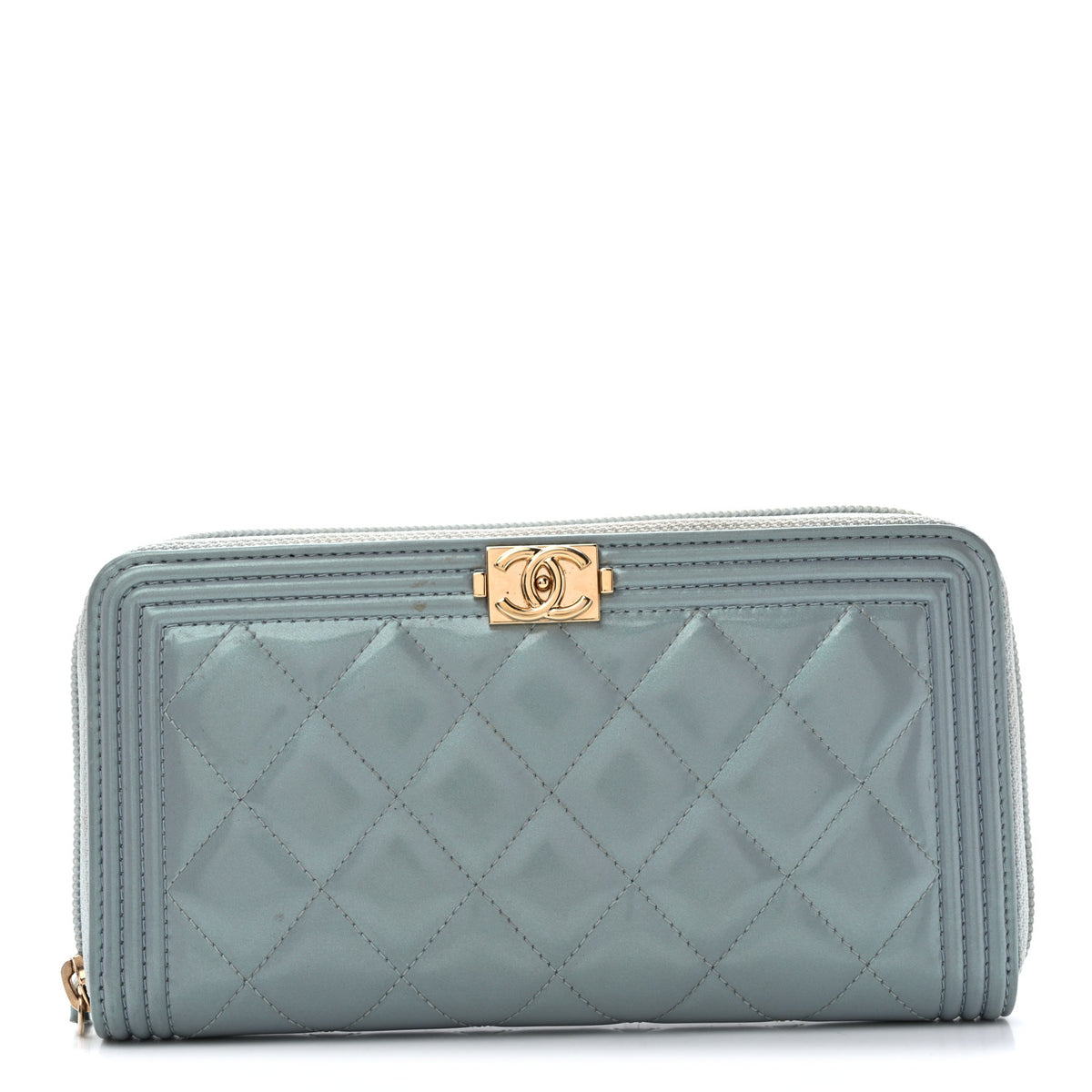 Chanel Metallic Patent Quilted Boy Zip Around Wallet Light Blue 1 of 13
