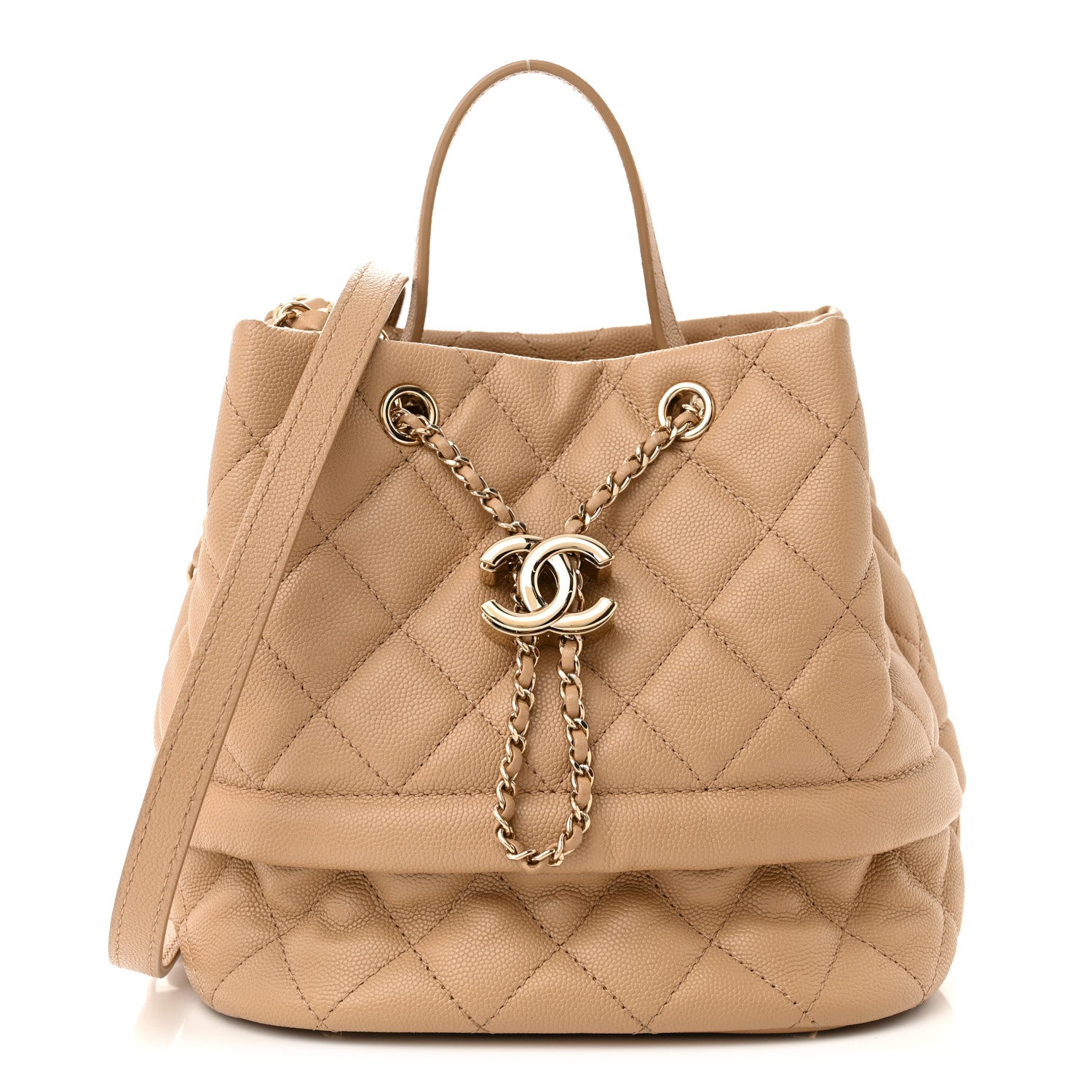 Chanel Caviar Quilted Rolled Up Bucket Drawstring Bag Beige 1 of 13