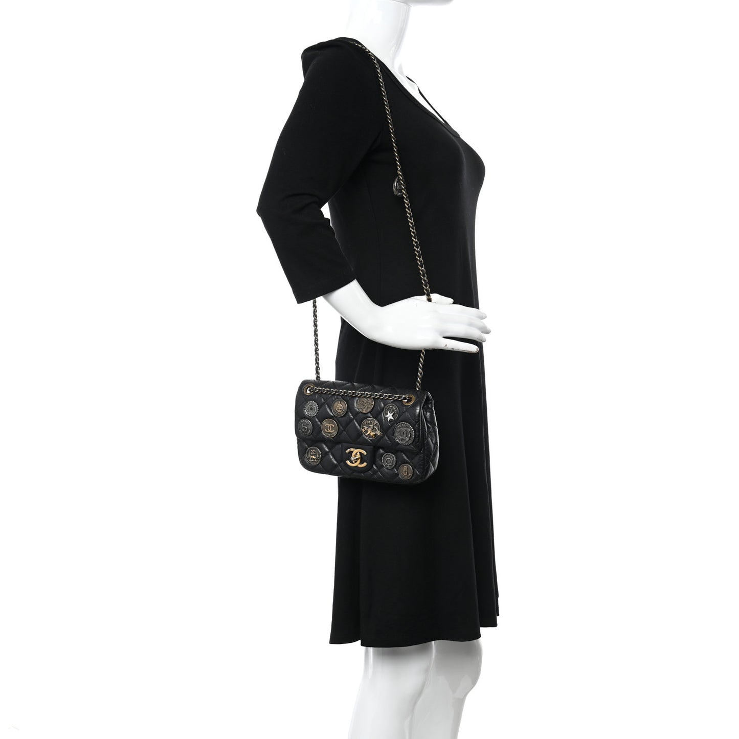 Aged Calfskin Quilted Mini Medallion Flap Black