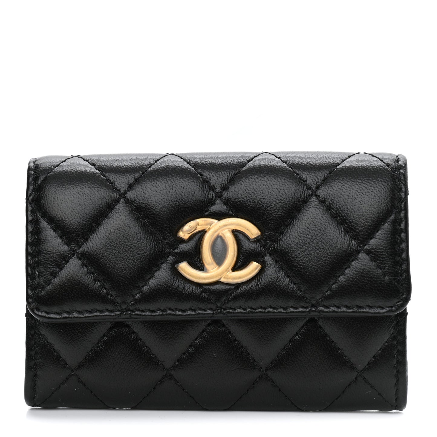 Lambskin Quilted Flap Card Holder Wallet Black