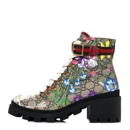 Gucci GG Supreme Monogram Flora Lace Up Combat Ankle Boots 39 Beige Multicolor Red 1 of 9