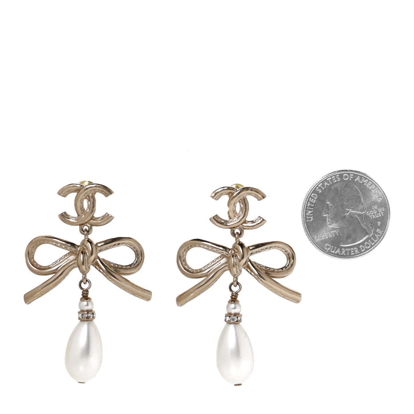 Pearl Crystal CC Bow Drop Earrings Gold Pearly White