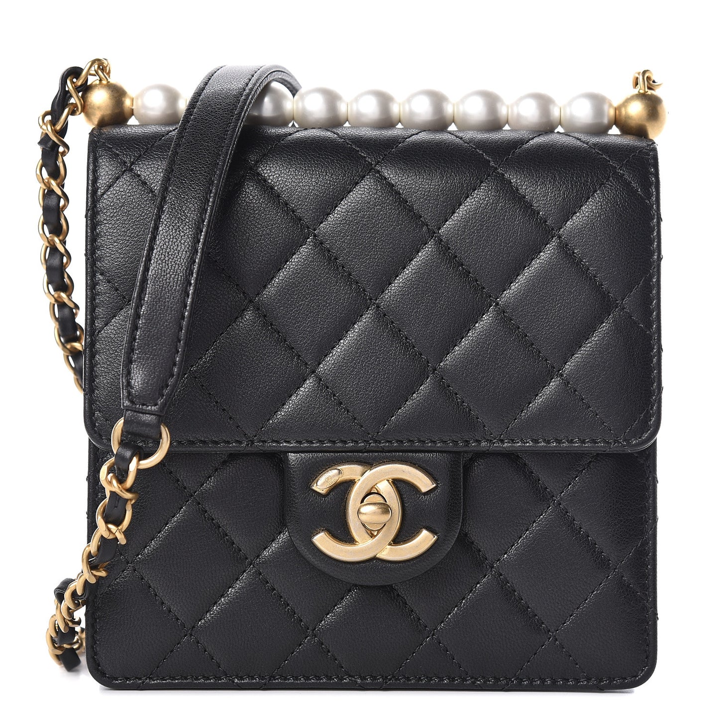 Lambskin Quilted Chic Pearls Flap Black