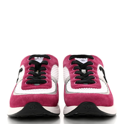 Chanel Mesh Suede Calfskin Womens CC Sneakers 37 White Dark Pink Grey 2 of 14