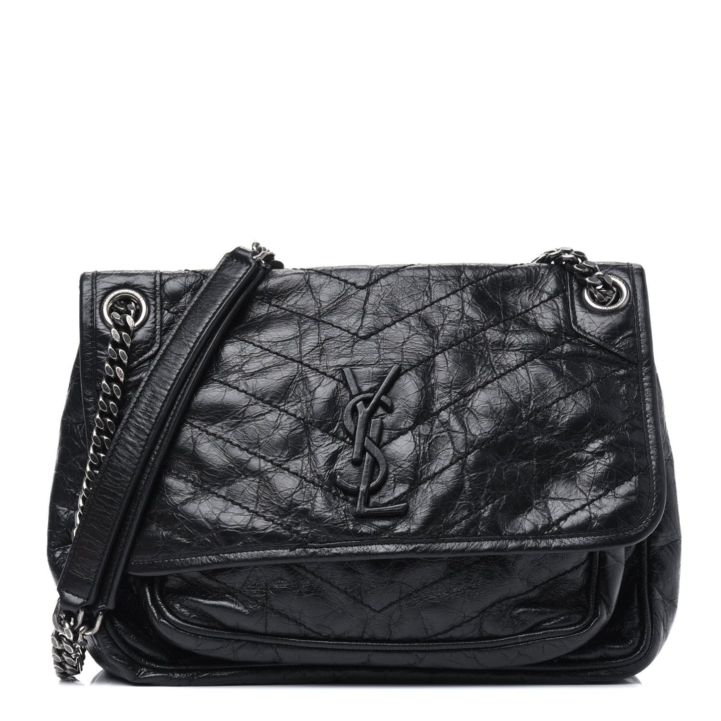 Crinkled Calfskin Matelasse Monogram Medium Niki Chain Satchel Black