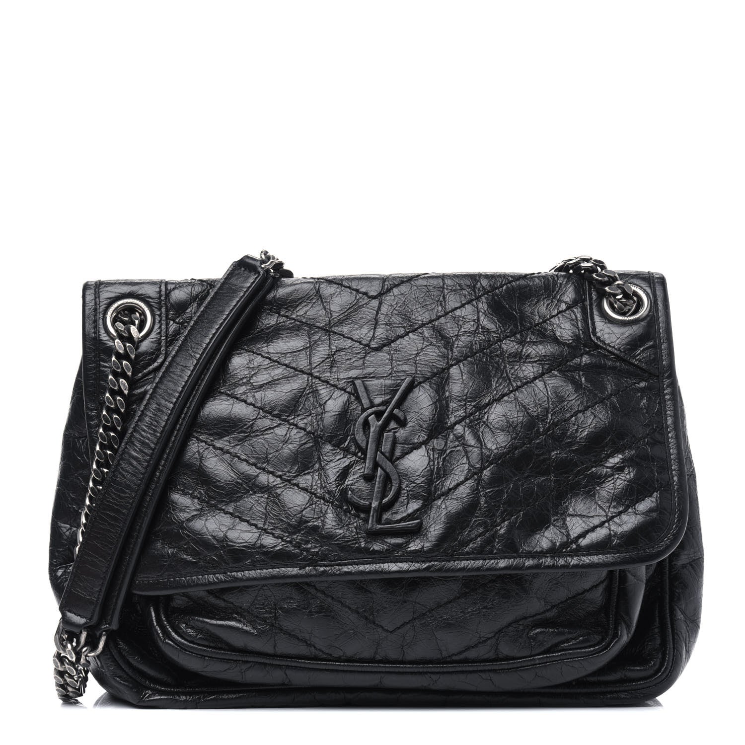 Saint Laurent Crinkled Calfskin Matelasse Monogram Medium Niki Chain Satchel Black 1 of 17