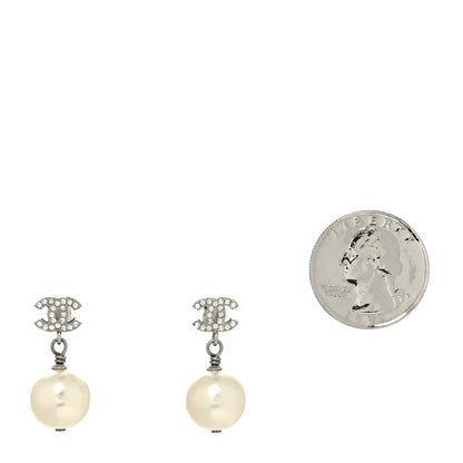 Chanel Crystal Pearl CC Drop Earrings Silver Pearly White 2 of 4