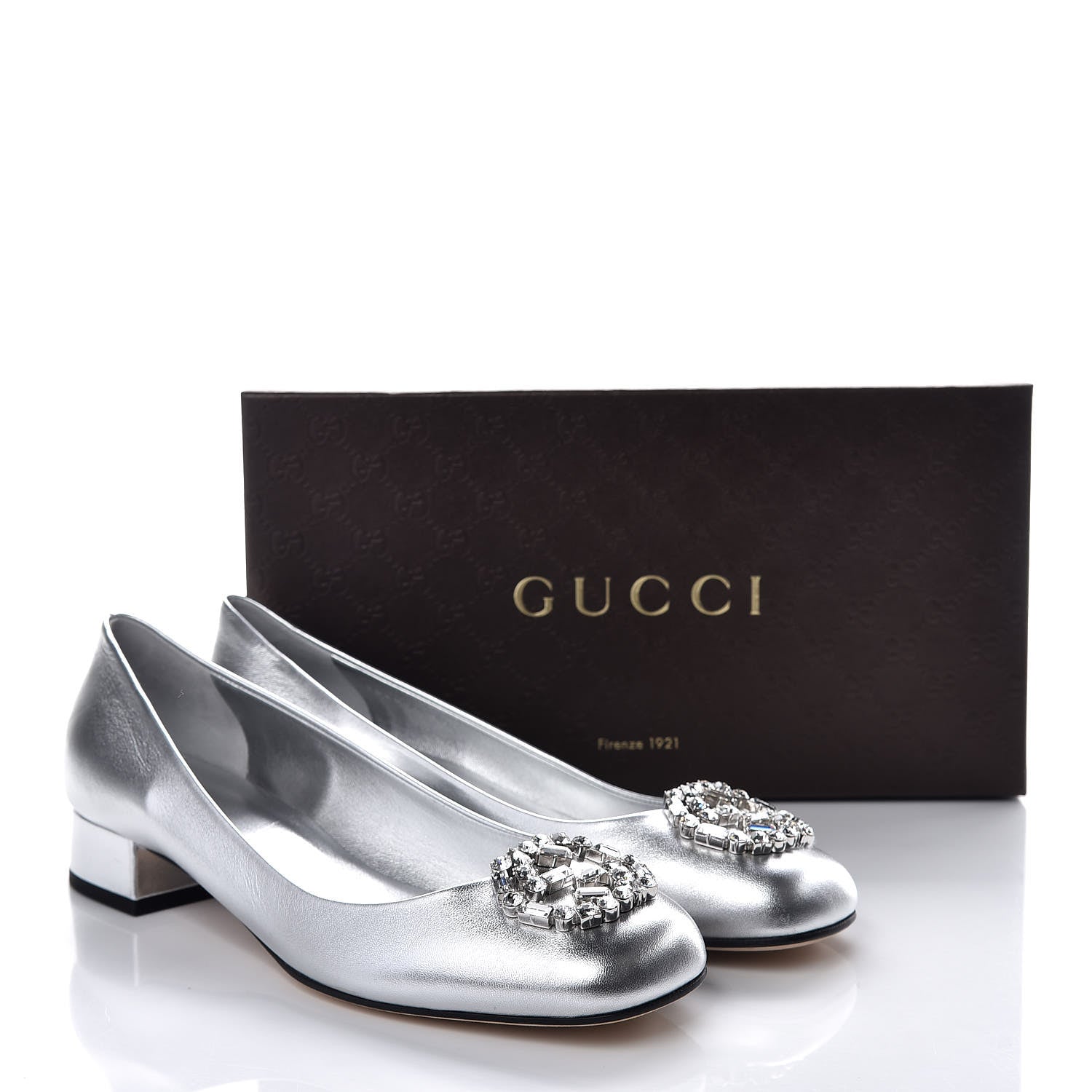 Gucci Nappa Crystal Interlocking G Low Heel Pumps 41 Argento 9 of 9