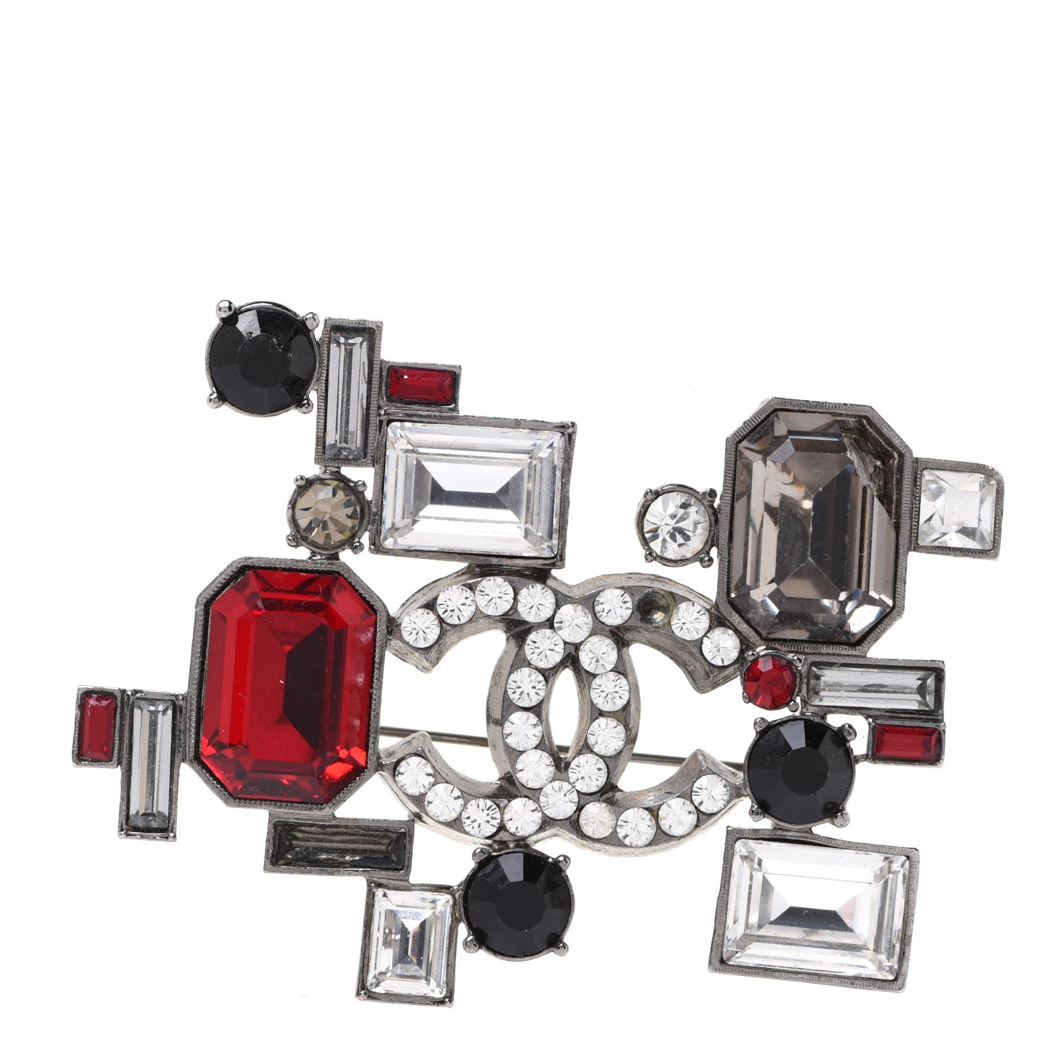 Chanel Baguette Crystal CC Brooch Silver Red 1 of 4
