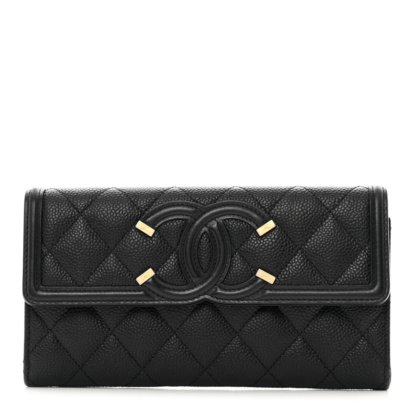 Caviar Quilted Filigree Large Gusset Flap Wallet Black